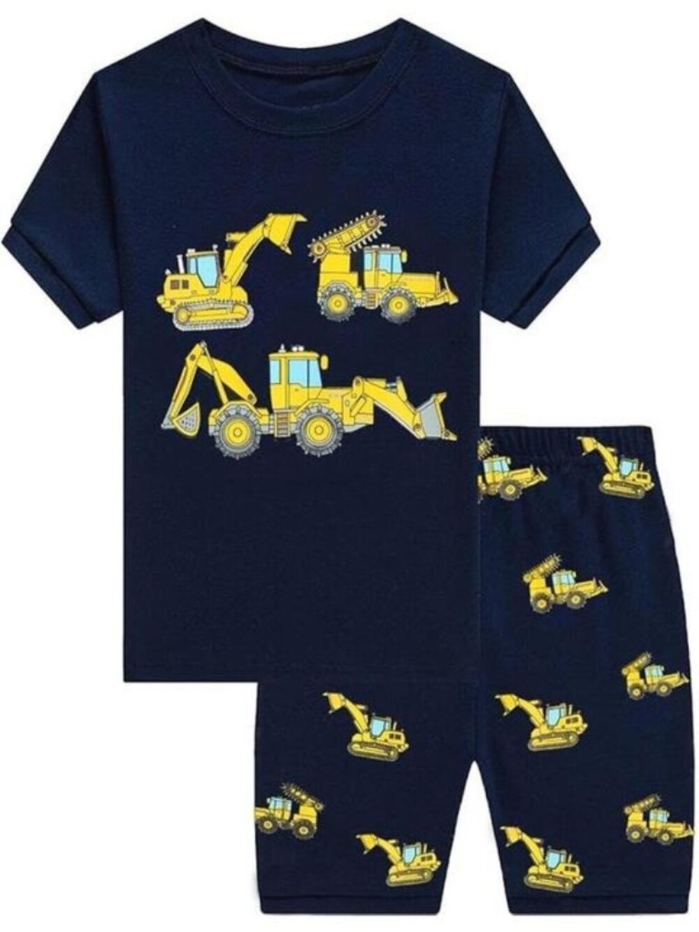Construction-Themed Kids Navy Pajama Set With Yellow Digger Print Short Sleeve T